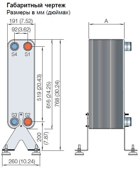 Габаритный чертёж паяных теплообменников Alfa laval CB110-24H